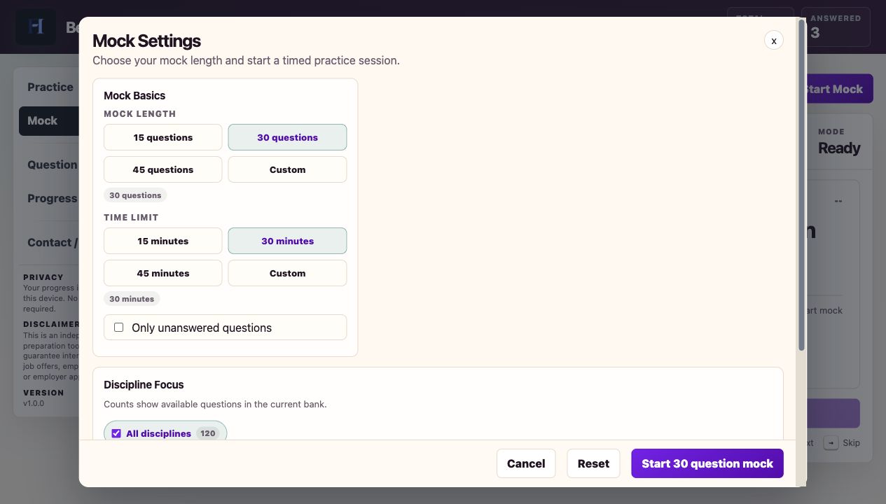 Behavioral Interview Simulator mock settings modal with question count, time limit, and focus controls.