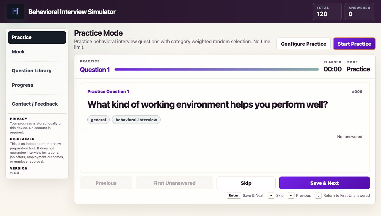 Behavioral Interview Simulator practice mode showing a live interview prompt and save-and-next controls.