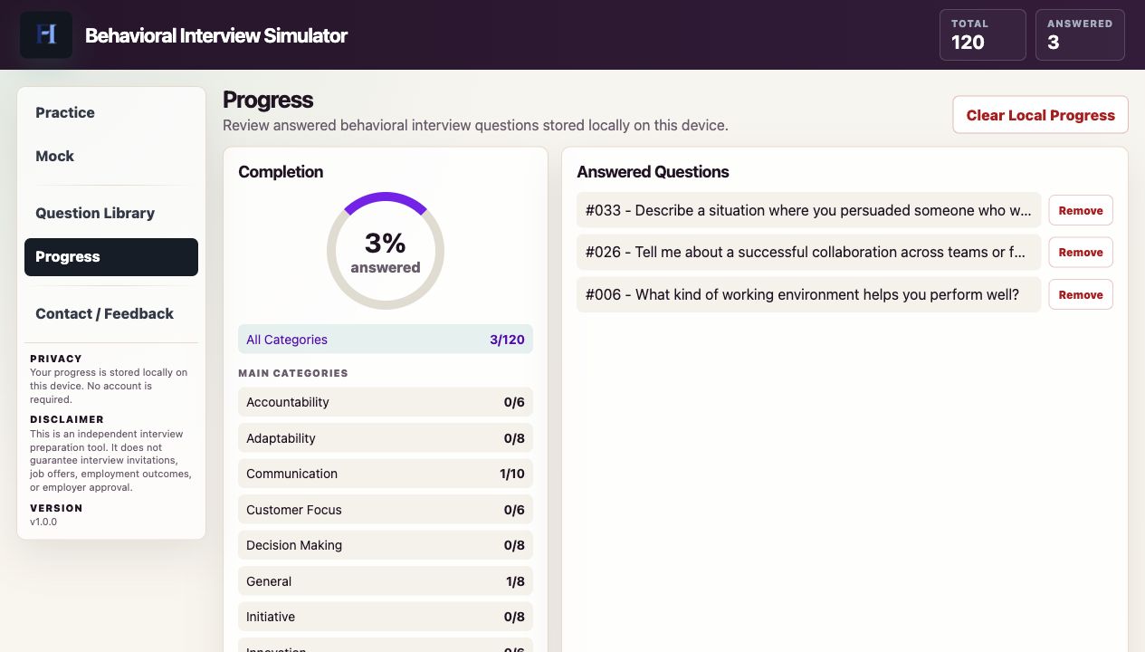 Behavioral Interview Simulator progress page showing answered questions and category completion.
