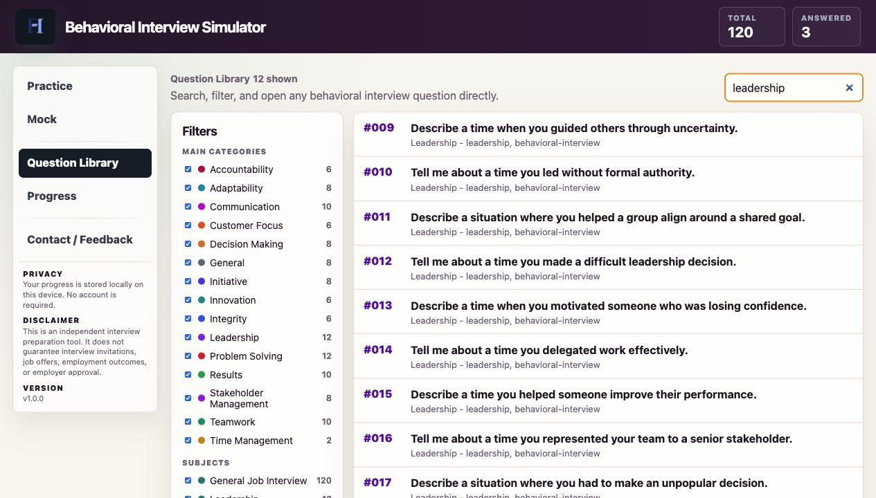 Behavioral Interview Simulator question library filtered to leadership questions.